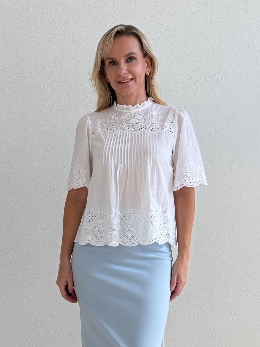 Madewell Embroidered Pintuck High Neck Eyelet Top White XS NWT $110